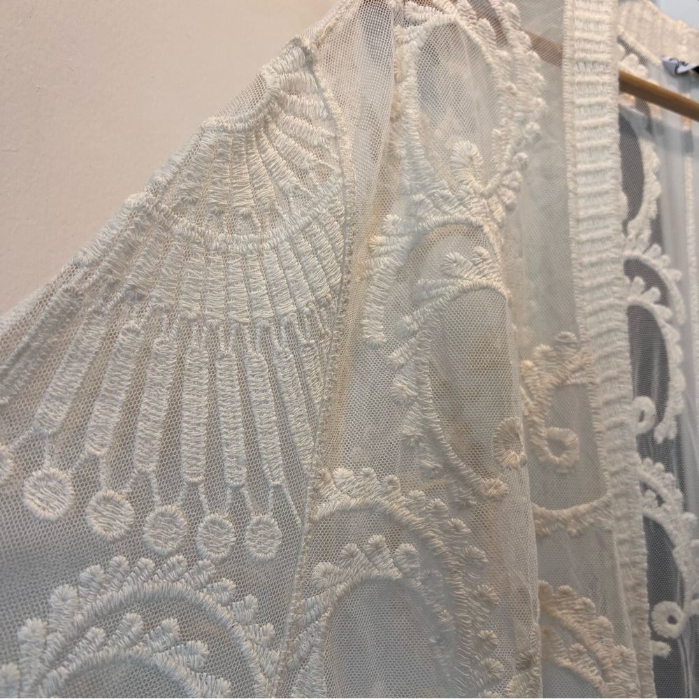 DEX Lace Kimono Duster Ivory Sheer Embroidered Maxi Open  Boho Layering Cardigan - Picture 6 of 7